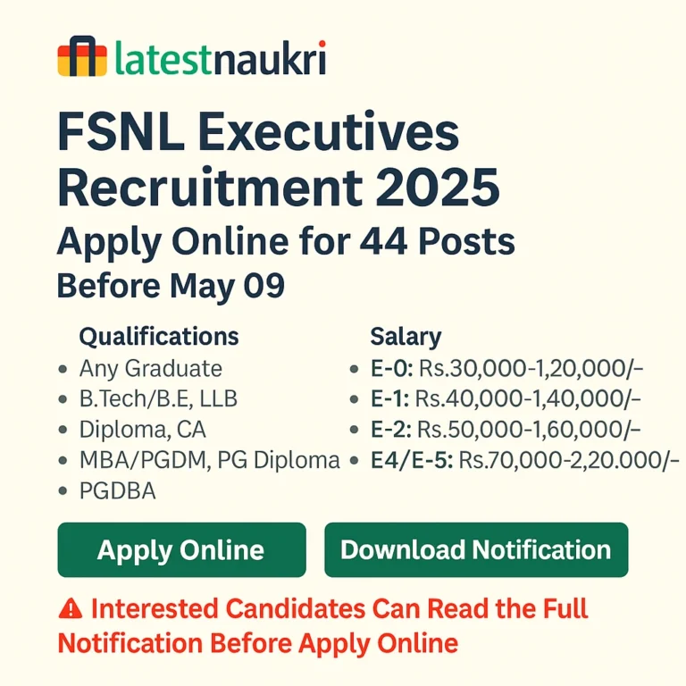 "FSNL Executives Recruitment 2025 banner highlighting 44 posts with qualifications, salary ranges, application deadline of May 09, and action buttons for Apply Online and Download Notification, including LatestNaukrii.com logo